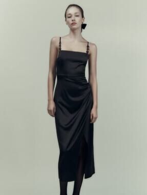 Zara Black Satin Effect Midi / Maxi Dress Gold Chain Spaghetti Straps Medium